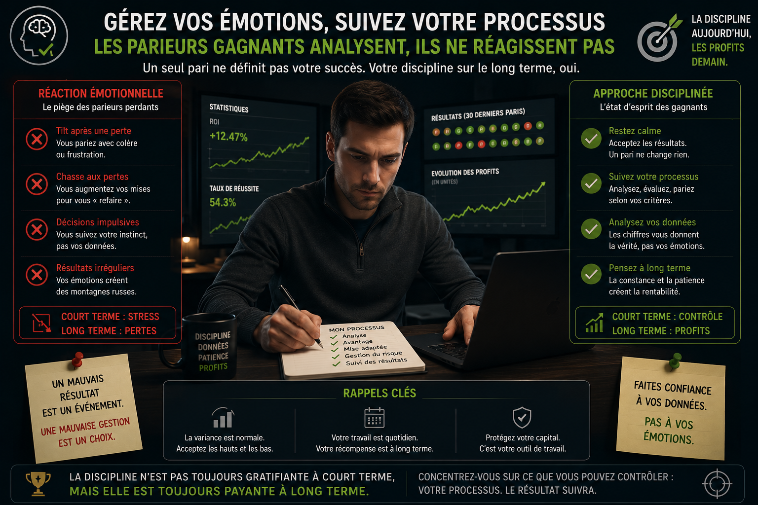 Parieur calme et concentré analysant ses données plutôt que de réagir émotionnellement à un résultat de pari